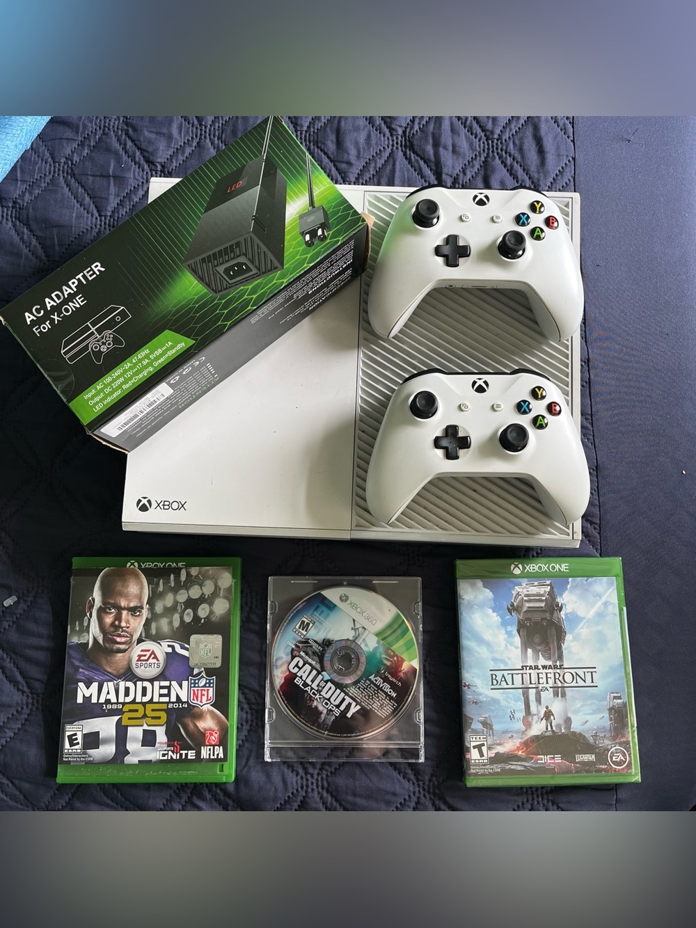 XBOX One with 2 Xbox One Controllers, 3 Xbox One Games, And New Charger, Madden
